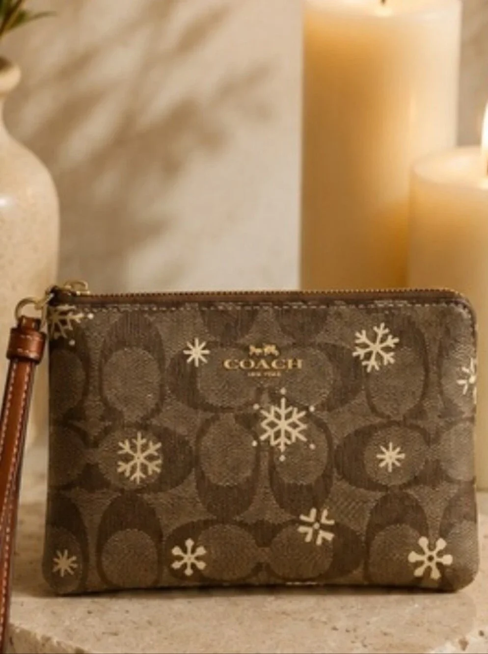 Coach Signature Canvas Wristlet with Snowflake Print